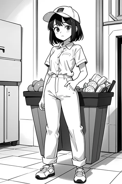 ((best quality)), (masterpiece), woman, matured woman, solo, small breast, white clothing, employe, basket cap, white shirt with single button, tucked in, short sleeves, (pants:1.2), shoes, standing, facing front, body front, monochrome, line art, manga, a...