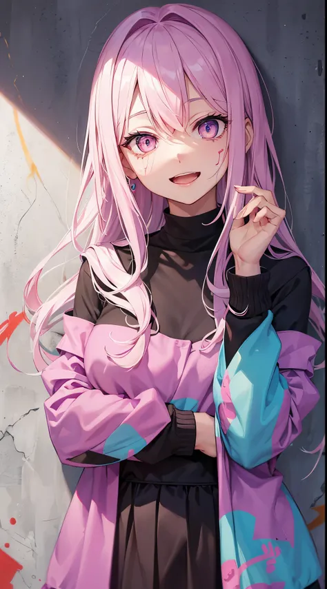 Ganidev, (Mature Face: 1.3), Upper body, Graffiti face, Colorful eyes, Open mouth, Yandere formula, Smile, look at viewr, hands not visible, PastelColors, Thinking, asking for help