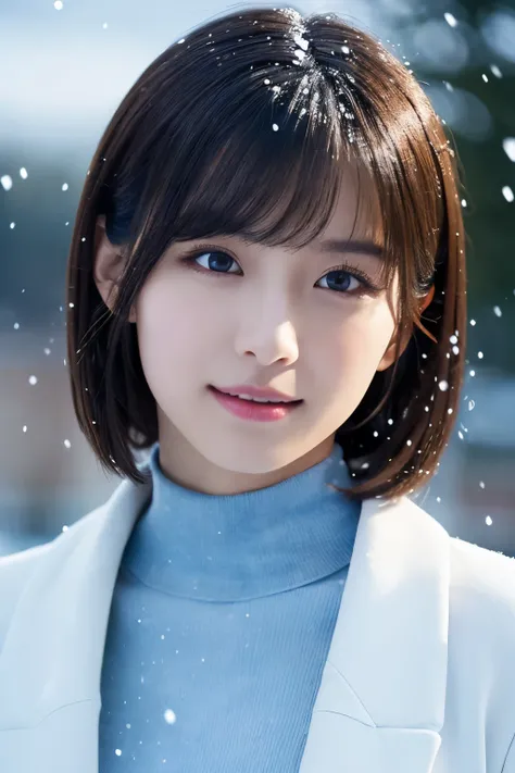 1girl in, (White coat, Light blue turtleneck:1.2),
(Raw photo, Best Quality), (Realistic, Photorealsitic:1.4), masutepiece,
Extremely delicate and beautiful, Extremely detailed, 2k wallpaper, amazing, finely detail, the Extremely Detailed CG Unity 8K Wal...