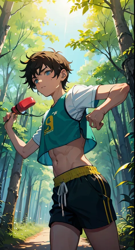 A teenage boy 10 - 12 years old runs through the forest, he&#39;s wearing headphones, he with nasty short shorts and a sporty short tom, crop top, boy listening to music, Sunny day, sweet boy, мальчик в crop topе