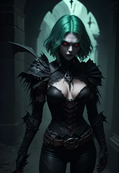 Necromancer Vampire Girl. tousled short aquamarine hair. green colored eyes. very extremely beautiful. Gothic Leather Necromancer Armor, black-green, Black pants, many details, Necromantic pendant in the form of a skull for the neck...........................