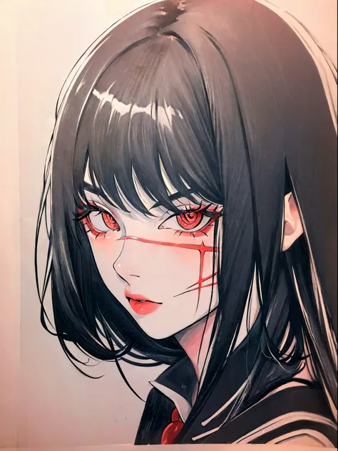 Yoru, vestida de colegial, camisa, Cinta para el cuello, mangas largas, Tema oscuro, (Mirando al espectador, retrato:1.5), black and rojo, rojo details, Runas brillantes_rojo,
