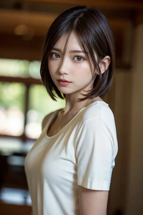 top-quality, in 8K, masutepiece, 超A high resolution, Photorealsitic, 1 baby girl, Look at viewers, round neck short sleeve shirt, small tits, ((a short bob)), glowy skin, 1 super beautiful college girl, ((super realistic details)), portlate, globalillumina...