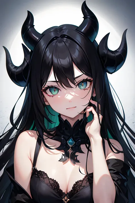 ((Masterpiece)), hiquality, a perfect face, ((hairlong)), ((black hair)), ((green colored eyes)), vivid eyes, fangs, claws, Black Hands, pale skin, высокая A  girl, A  girl, black symbols on cheek, ((Black horns)), the night, Focus on the face.