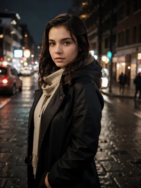 16 year-old model girl with brunette wet hair and dark-brown eyes, standing outside in a winter-weather, in a black coat and scarf