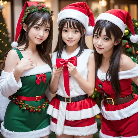 ((Best-quality, Masterpiece, Ultra-High-Resolution, (Photorealistic:1.4), Raw-Photo, Extremely-Detailed, Perfect-Anatomy)), 3-girls, all 12-years-old, the most popular Japanese-idols, (((all having a lotsitting facing each other and chatting at Christmas p...