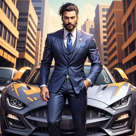 A man in a blue suit with a black beard and mustache next to a luxury car --auto --s2