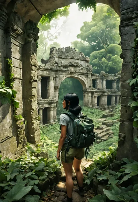 a 26yo female adventurer, black hair, backpack, BREAK, surrounded by a green tunnel of leaves and branches, In the upper right corner of the screen, through the leaves show (corner of the ruins of a massive Maya architecture far:1.2), backview, cinematic