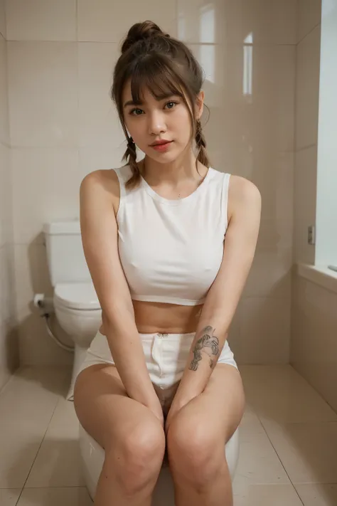 Beautiful girl, half Thai-Japanese face, super model figure, hands and feet have beautiful details. Wear a white t-shirt Sitting on the toilet in the bathroom, she had tanned skin, pigtails, bangs, and red lipstick on her lips. Full body tattoo