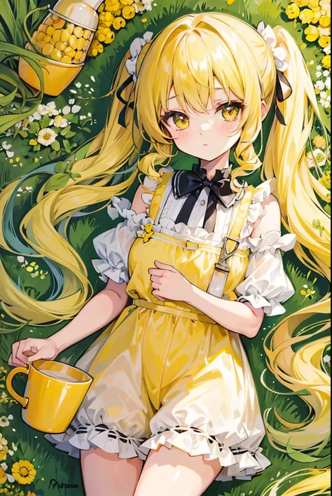 Sweet girl，Yellow curly twintails and soft clothes，pvz corn pitcher personified