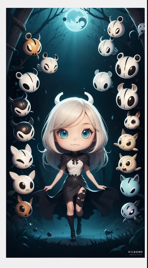 cartoon illustration of a girl surrounded by many different characters, hollow knight style, hollow knight concept art, cute detailed digital art, 2d illustration, cute artwork, 2d digital illustration, cover game art, hd artwork, chibi art, advanced digit...