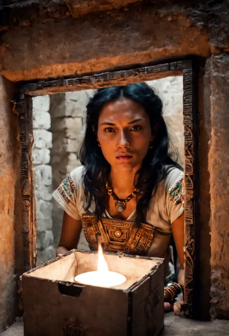 a 26yo female adventurer, black hair, BREAK, A small mirror in a box of Mayan civilization, In the mirror is the adventurer face, A room illuminated by a torch, Mayan civilization building, indoors, cinematic