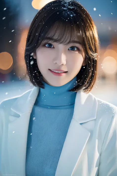 1girl in, (White coat, light blue turtleneck:1.2), 
(Raw photo, Best Quality), (Realistic, Photorealsitic:1.4), masutepiece, 
Extremely delicate and beautiful, Extremely detailed, 2k wallpaper, amazing, finely detail, the Extremely Detailed CG Unity 8K Wal...