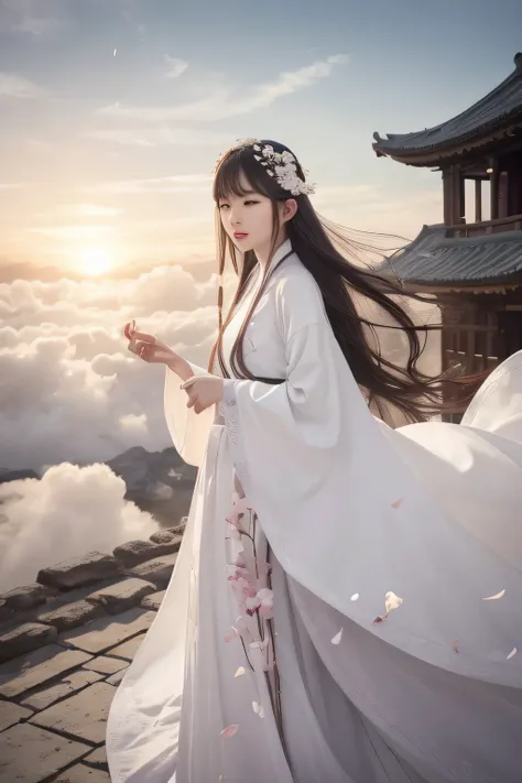 4K,A high resolution,,ultra - detailed, white hanfu,, Long, flowing hair, Fringed Hair Ornament, , ancient wind, Wide sleeves, falling flower petals,,, ancient buildings, Surrounded by clouds,