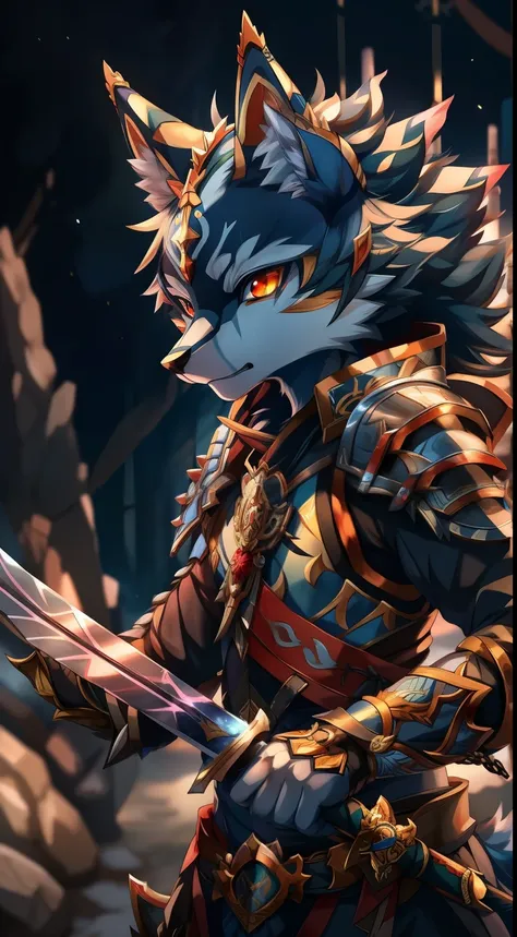 Japanese cartoon, A wolf with a sword and armor, white backgrounid, Wolf Armor, onmyoji detailed art, from the night of the ark, detailed anime art, Detailed anime character art, as a badass monster hunter, detailed digital anime art, detailed anime art作品,...