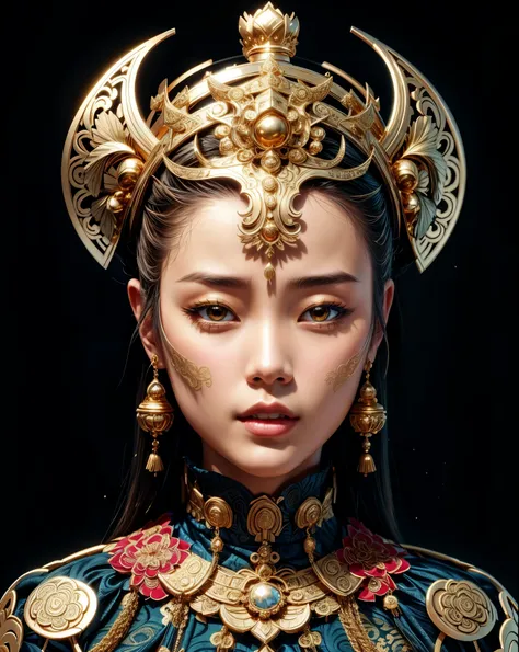 beautiful girl wearing a golden crown and blue dress, oriental face, beautiful oriental woman, asian face, inspired by lan ying,...