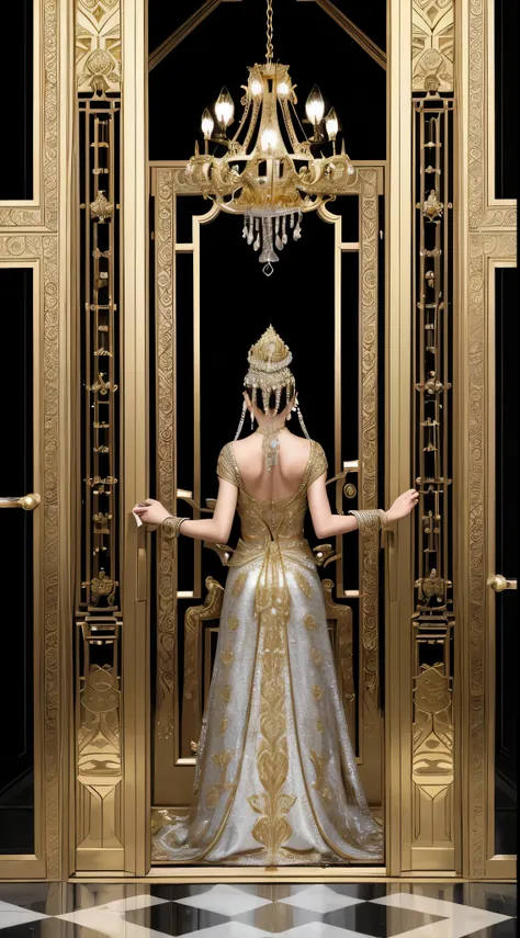 The illustration depicts a grand door adorned with opulent patterns, exuding an atmosphere of lavishness. The door is intricately carved with gold and silver jewelry, reflecting enchanting radiance. Elegant statues stand on either side of the door, symboli...