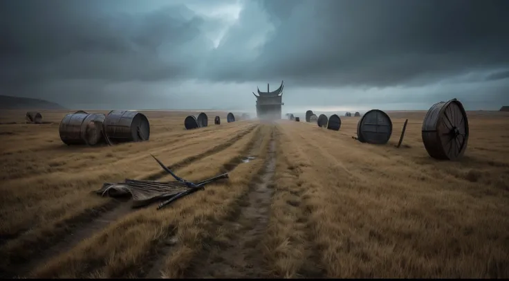 Vikings in a barren winter harvest field, feeling melancholy, overwhelmed by the absence of any crops to gather. The scene is composed of desolate fields stretching out under a grey, overcast sky. The Vikings appear disheartened, dressed in rugged furs and...