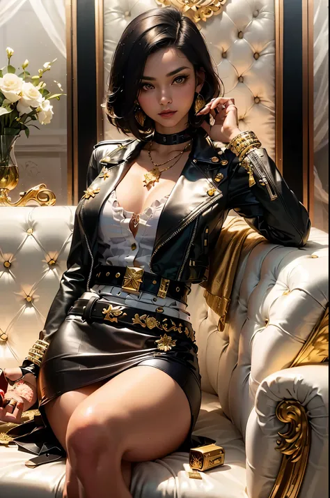 (beautifull mafia lady, medium bob hair, sitting on sofa, holding gold bar, gold bar everywhere, gold belt, luxury gold hairpin, mafia house, (luxury house ornament), (detail luxury leather jacket), (detail luxury leather skirt), expensive detailed necklac...