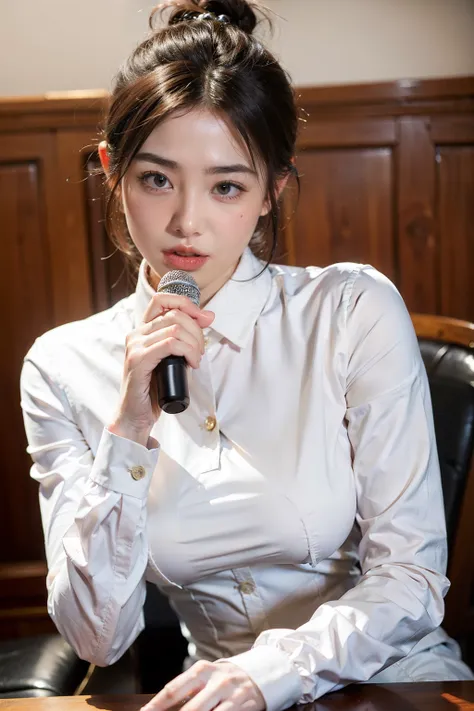 ((Best quality at best)), ((tmasterpiece)), (Detailed pubic hair), Women working together with colleagues，Naturally shy face，Talking with microphone in hand，long sleeve work uniform，Hair tied up，中景 the scene is