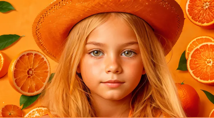 10 year old Russian child girl, close up, PORTRAIT, with long blonde hair, in a cowboy hat, many oranges with leaves on them on a table, oranges, extremely coherent orange, orange skin, orange and orange slices, orange colors, orange color, orange backgoru...