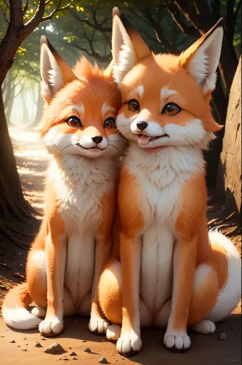 Cute fox in Pixar movie style, 电影灯光, Deep inspection, largeeyes, extremely cute, 8K, Coming out of the cave in the forest, Long tail, Smiling，Very happy, eyes with brightness, wonderful day out