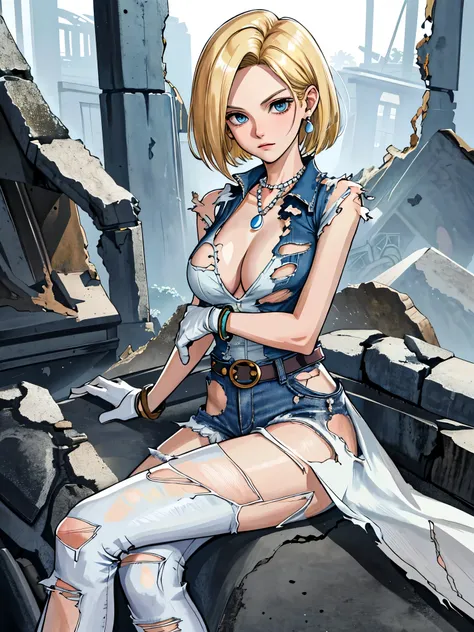 best quality, highres, and18, 1girl, android 18, solo, blonde hair, blue eyes, belt, jeans, pearl_necklace, bracelet, black gloves, white shirt, short hair, short sleeves, earrings, blue pants, open vest, black vest, large breasts, (ruins:1.3), (torn cloth...