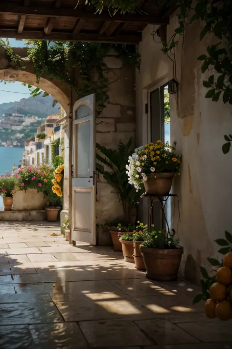 fresh flowers and citrus fruit trees on the Amalfi coast, beautiful smells, 8k, cinematic, ultrarealistic, super detailed, 4k, HDR, cinematic lighting, unreal engine render, trending on art station, detailed background, highly realistic, intricate render