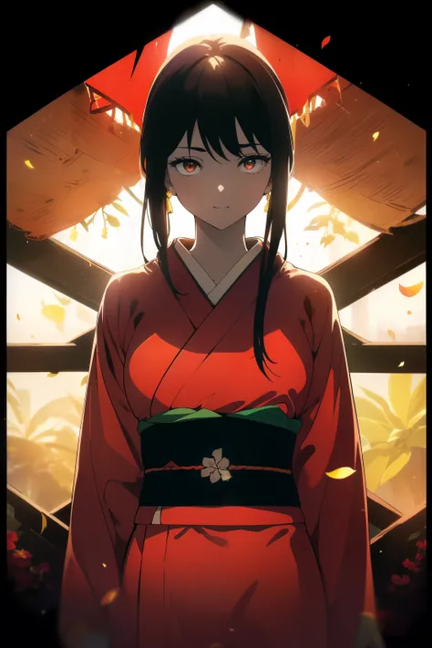 ((((Obra maestra, La mejor calidad, ultrahigh resolution)))), 1girl, standing, ((wearing a red_kimono)), (long black hair in view, long hair:0.9, in frame), pale skin, ((brown eyes)), (glowing_eyes, luminescent eyes), (ultra detailed eyes:0.7, beautiful an...