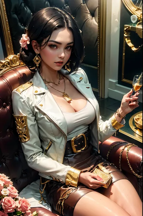 (beautifull mafia lady, medium bob hair, sitting on sofa, holding gold bar, gold bar everywhere, gold belt, luxury gold hairpin, mafia house, (luxury house ornament), (detail luxury leather jacket), (detail luxury leather skirt), expensive detailed necklac...