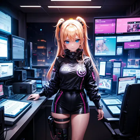 ((Best quality at best)), ((tmasterpiece)), (The is very detailed: 1.3), 3D, neon black, Uzumaki Naruto Cyberpunk, mtu, blond hairbl, eBlue eyes (Use a thick, high-tech head-mounted display: 1.2), using a cover, Hack into a computer terminal, Purple Neon M...