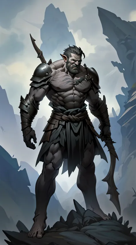 Game character standing drawing design，Ogre symbaroum，stone armor，rock shoulders，Stout limbs，Strong muscles，The barefoot，Holding a huge barbed stick，Different layers overlay，Different angleull bodyesbian：1.4），solid color backdrop，clean backdrop，depth of fi...