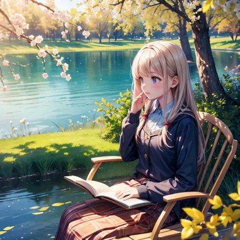 Girl reading by the lake, vivd colour, springtime, Willow branches, cozily, warm sunlight