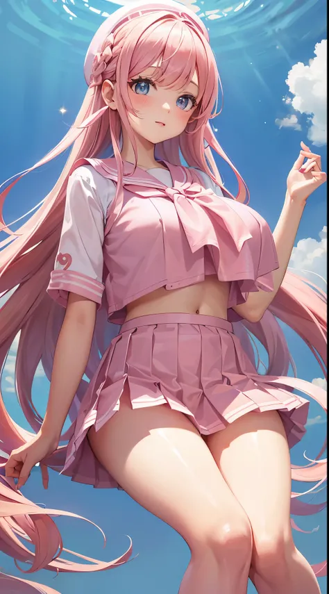 Beautiful illustration、quality、Cute little girl edrooms、with pink hair、long whitr hair、(((Pink pleated skirt)))、(((Pink sailor suit)))、short- sleeved, (very huge big breasts : 1,2 )、navel、Beautiful legs with blue eyes、shiny thighhighs, Permanent