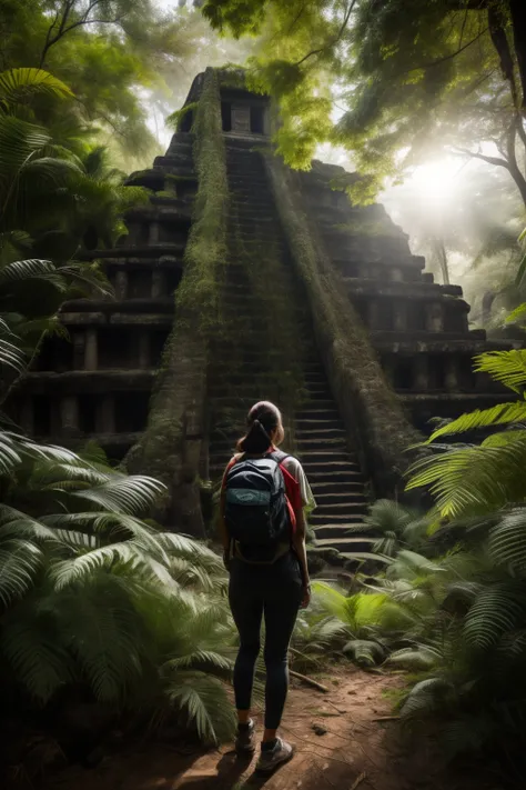 1 lady, 26 year old, A tall female adventurer goes deep (dense jungle:1.2), Surrounded by leaves and branches, (Through the gaps in the leaves:1.2), Show a small outline of a (Large Mayan buildings in the distance:1.2), backpacks, Side view, Cinematic