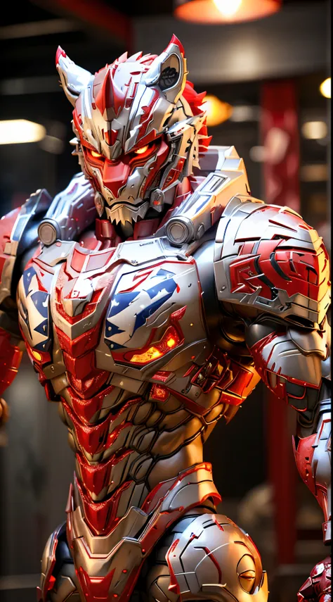 TIGER, (red, white:1.5), DRAGON HEAD, HEAVY CRYSTAL ARMOR, TRANSPARANT, MUSCLE BODY, MUSCLE ABS.