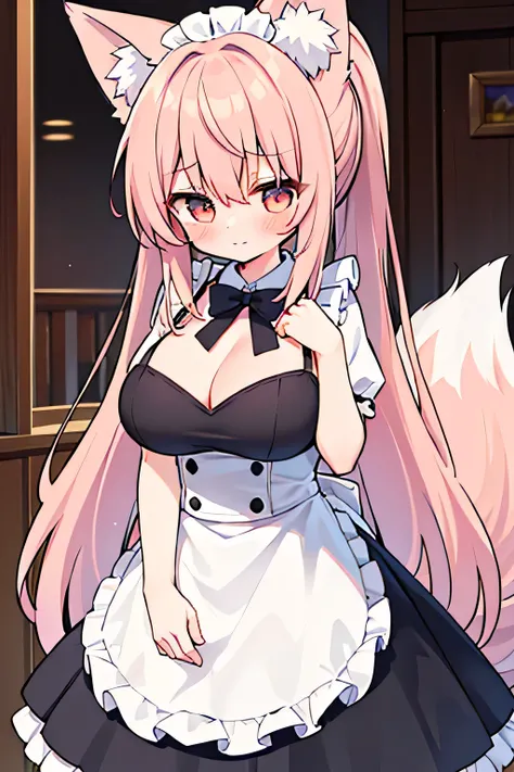 masutepiece, Best Quality, {1girl in},(blush), embarrassed, (Cowboy Shot),Very long hair,Ponytail,maid,Fox ears,fox tails,Big,cleavage,(Large breasts:1.4),oppai loli