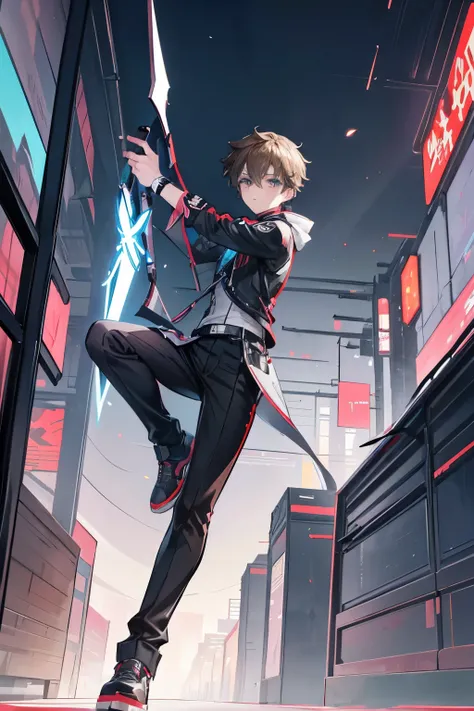 new agent valorant iso, "Genre Boy”, light brown hair、Light blue eyes、((((Teenage boy)))), Anime different world protagonist, Anime boy with bow and arrow in geometric style, Digital Cyberpunk Anime Art, digital cyberpunk - anime art, cyberpunk streetwear,...