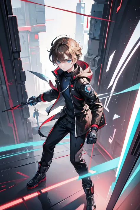 new agent valorant iso, "Genre Boy”, light brown hair、Light blue eyes、((((Teenage boy)))), Anime different world protagonist, Anime boy with bow and arrow in geometric style, Digital Cyberpunk Anime Art, digital cyberpunk - anime art, cyberpunk streetwear,...