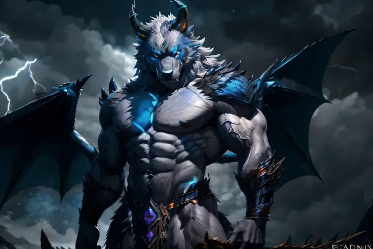 there is a male monster with a blue light on his face, muscular werewolf, a minotaur wolf, fit male demon with white horns, fenrir, godrays digital painting, male djinn man demon hybrid, trendin on artstation, demon male, 2. 5 d cgi anime fantasy artwork, ...