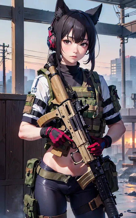 Highly detailed CG Unity 8k wallpaper, of the highest quality, super detailed, masterpiece, Realistic,1 girl, extremely detailed face, ((Shichido Yukino)),
(Tactical vest), look at viewer,Committed, Cowboy Shot, holding ak47,belly, camouflag outfit, glove,...