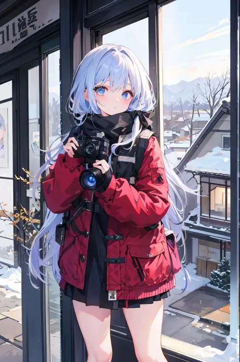 Top image quality、1girl in、ruins、Gradient Hair、Winter clothes、peek through the gap in the window、Camera gaze、terrified expression