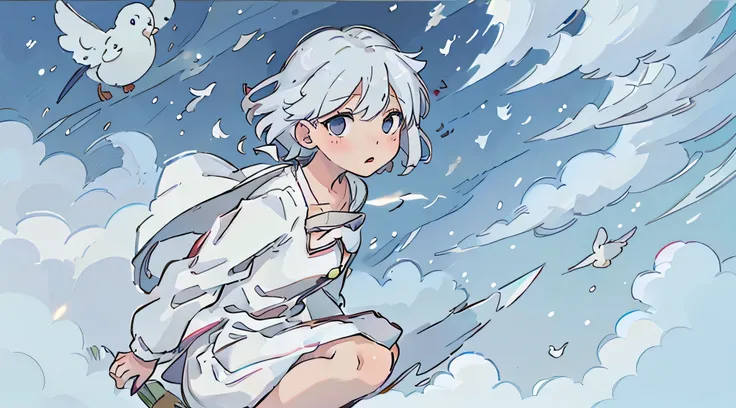 (Best Quality:0.8) perfect anime still frame, Squat, gentle wind,  dove, white  hair, short-cut、Alone、The sky is wide、nigh sky、Christmas、present、doveが好き