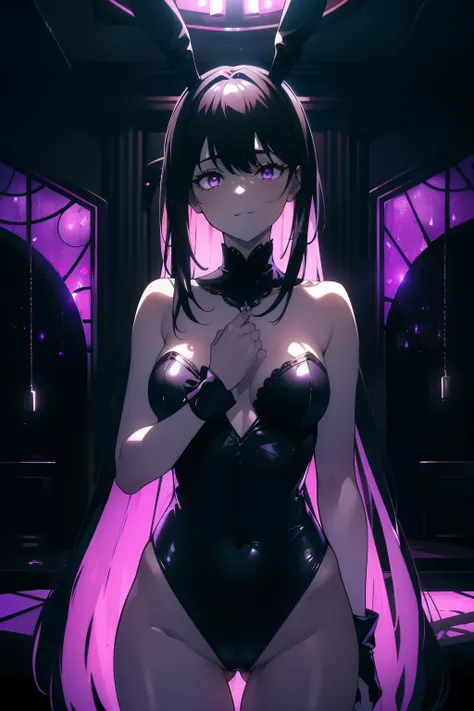 ((((Obra maestra, La mejor calidad, ultrahigh resolution)))), 1girl, standing, leotard, bunny girl, ((very small black floppy bunny ears in full view:1)), ((very floppy bunny ears, black hair, dark black hair over eye:1)), (wide shot), long hair cut, pale ...