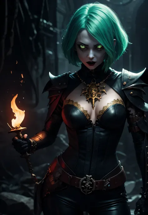 Vampire Girl. tousled short aquamarine hair. green colored eyes. very extremely beautiful, Beautiful face of a young girl. Gothic Leather Necromancer Armor, black-green, Black pants, many details, Necromantic pendant in the form of a skull for the neck.......