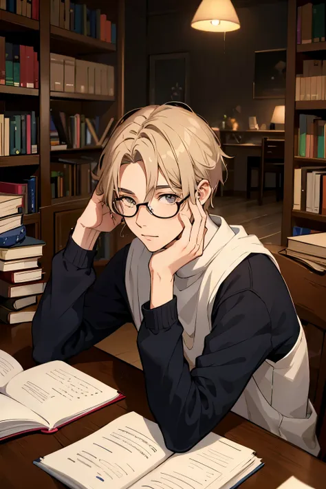 one male character, glasses,  man on his mid twenties, grey eyes, smart looking, on a desk with lots of books.