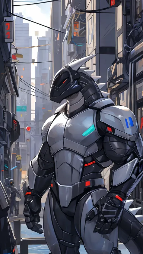 male, Muscular, synth (vader-san), robot, cybrog, android, dragon, Silver Dragon, Robo Dragon, Cyber Cities, futuristic city