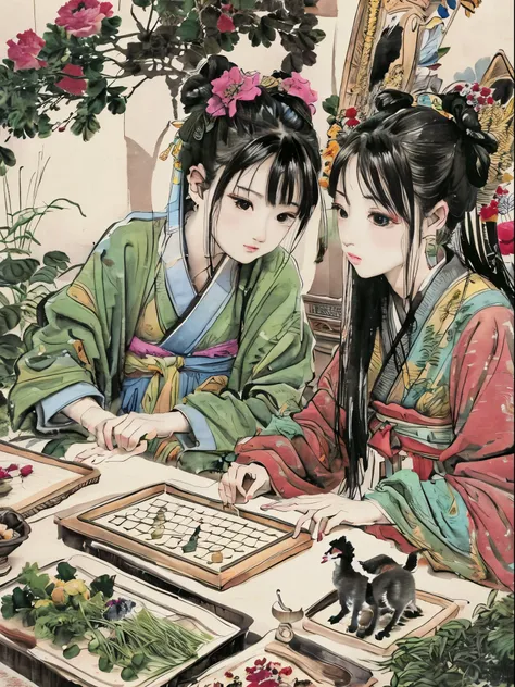 a close up of a full colour painting of people in a landscape, ancient chinese beauties, qing dynasty painting, by Wang Lü, su fu, mu pan, by Lü Ji, song dynasty, ancient china art style, chinese painting, robed figures sat around a table, by Wang Hui, by ...