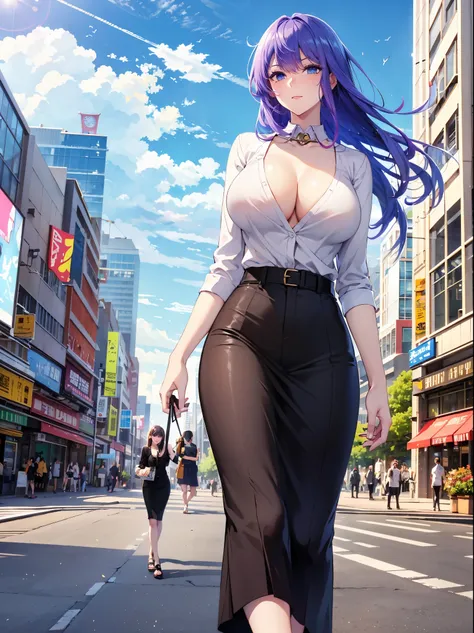 tang wutong, big boobs, wearing a white buttoned sweater and a black long skirt, cleavage, walking, city