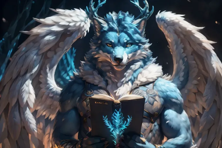 there is a blue and white animal with wings holding a book, furry fantasy art, very very beautiful furry art, anthro art, 8k high quality detailed art, hyperdetailed fantasy character, furry art, pov furry art, fanart best artstation, furry character portr...